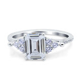 Art Deco Emerald Cut Wedding Bridal Ring Round Simulated Cubic Zirconia 925 Sterling Silver