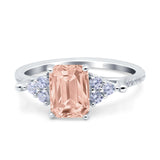 Art Deco Emerald Cut Wedding Bridal Ring Round Simulated Cubic Zirconia 925 Sterling Silver