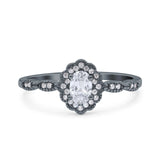 Halo Vintage Floral Art Deco Wedding Bridal Ring Oval Simulated Cubic Zirconia 925 Sterling Silver