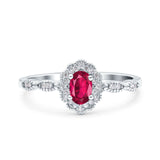 Halo Vintage Floral Art Deco Wedding Bridal Ring Oval Simulated Cubic Zirconia 925 Sterling Silver