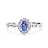 Halo Vintage Floral Art Deco Wedding Bridal Ring Oval Simulated Cubic Zirconia 925 Sterling Silver