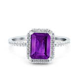 Emerald Cut Art Deco Halo Wedding Bridal Engagement Ring Round Simulated Cubic Zirconia 925 Sterling Silver