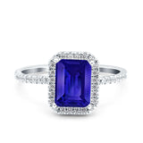Emerald Cut Art Deco Halo Wedding Bridal Engagement Ring Round Simulated Cubic Zirconia 925 Sterling Silver
