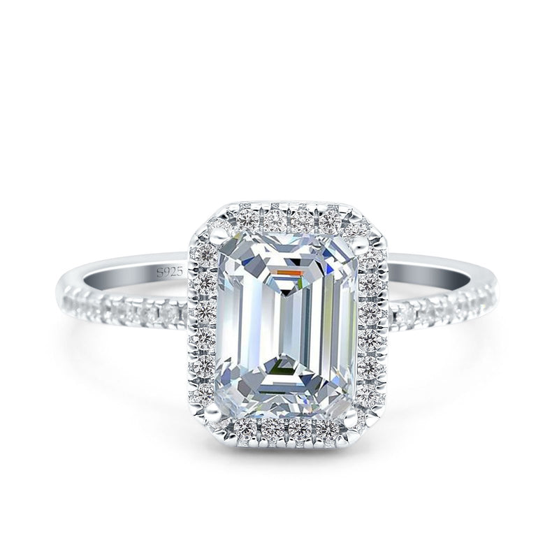 Emerald Cut Art Deco Halo Wedding Bridal Engagement Ring Round Simulated Cubic Zirconia 925 Sterling Silver