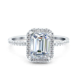 Emerald Cut Art Deco Halo Wedding Bridal Engagement Ring Round Simulated Cubic Zirconia 925 Sterling Silver