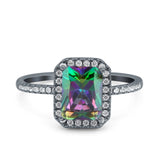 Emerald Cut Art Deco Halo Wedding Bridal Engagement Ring Round Simulated Cubic Zirconia 925 Sterling Silver