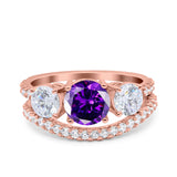 Three Stone Art Deco Wedding Bridal Ring Band Round Simulated Cubic Zirconia 925 Sterling Silver