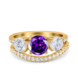 Three Stone Art Deco Wedding Bridal Ring Band Round Simulated Cubic Zirconia 925 Sterling Silver