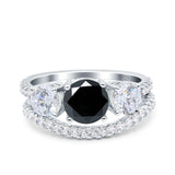 Three Stone Art Deco Wedding Bridal Ring Band Round Simulated Cubic Zirconia 925 Sterling Silver