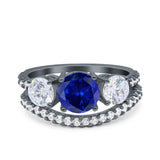 Three Stone Art Deco Wedding Bridal Ring Band Round Simulated Cubic Zirconia 925 Sterling Silver