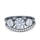 Three Stone Art Deco Wedding Bridal Ring Band Round Simulated Cubic Zirconia 925 Sterling Silver