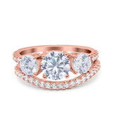 Three Stone Art Deco Wedding Bridal Ring Band Round Simulated Cubic Zirconia 925 Sterling Silver