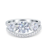 Three Stone Art Deco Wedding Bridal Ring Band Round Simulated Cubic Zirconia 925 Sterling Silver