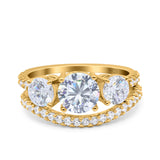 Three Stone Art Deco Wedding Bridal Ring Band Round Simulated Cubic Zirconia 925 Sterling Silver