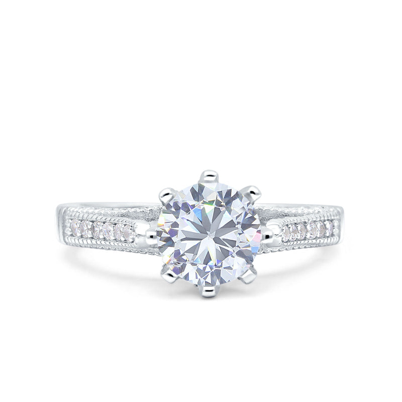 Art Deco Round Simulated CZ Engagement Ring in 925 Sterling Silver