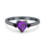 Art Deco Heart Three Stone Wedding Bridal Ring Round Black Simulated Cubic Zirconia 925 Sterling Silver