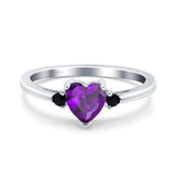 Art Deco Heart Three Stone Wedding Bridal Ring Round Black Simulated Cubic Zirconia 925 Sterling Silver