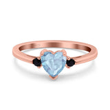 Art Deco Heart Three Stone Wedding Bridal Ring Round Black Simulated Cubic Zirconia 925 Sterling Silver