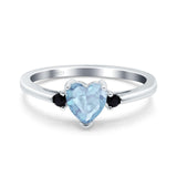 Art Deco Heart Three Stone Wedding Bridal Ring Round Black Simulated Cubic Zirconia 925 Sterling Silver