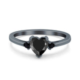 Art Deco Heart Three Stone Wedding Bridal Ring Round Black Simulated Cubic Zirconia 925 Sterling Silver
