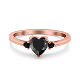 Art Deco Heart Three Stone Wedding Bridal Ring Round Black Simulated Cubic Zirconia 925 Sterling Silver