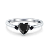 Art Deco Heart Three Stone Wedding Bridal Ring Round Black Simulated Cubic Zirconia 925 Sterling Silver