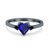 Art Deco Heart Three Stone Wedding Bridal Ring Round Black Simulated Cubic Zirconia 925 Sterling Silver
