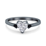 Art Deco Heart Three Stone Wedding Bridal Ring Round Black Simulated Cubic Zirconia 925 Sterling Silver