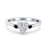 Art Deco Heart Three Stone Wedding Bridal Ring Round Black Simulated Cubic Zirconia 925 Sterling Silver