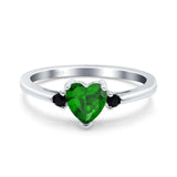 Art Deco Heart Three Stone Wedding Bridal Ring Round Black Simulated Cubic Zirconia 925 Sterling Silver