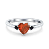 Art Deco Heart Three Stone Wedding Bridal Ring Round Black Simulated Cubic Zirconia 925 Sterling Silver