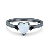 Art Deco Heart Three Stone Wedding Bridal Ring Round Black Simulated Cubic Zirconia 925 Sterling Silver