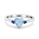 Art Deco Heart Three Stone Wedding Bridal Ring Round Blue Sapphire Simulated Cubic Zirconia 925 Sterling Silver