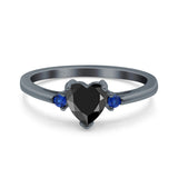 Art Deco Heart Three Stone Wedding Bridal Ring Round Blue Sapphire Simulated Cubic Zirconia 925 Sterling Silver