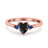 Art Deco Heart Three Stone Wedding Bridal Ring Round Blue Sapphire Simulated Cubic Zirconia 925 Sterling Silver