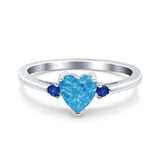 Art Deco Heart Three Stone Wedding Bridal Ring Round Blue Sapphire Simulated Cubic Zirconia 925 Sterling Silver