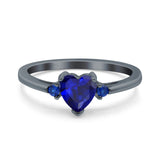 Art Deco Heart Three Stone Wedding Bridal Ring Round Blue Sapphire Simulated Cubic Zirconia 925 Sterling Silver