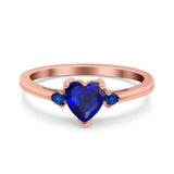 Art Deco Heart Three Stone Wedding Bridal Ring Round Blue Sapphire Simulated Cubic Zirconia 925 Sterling Silver