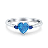 Art Deco Heart Three Stone Wedding Bridal Ring Round Blue Sapphire Simulated Cubic Zirconia 925 Sterling Silver