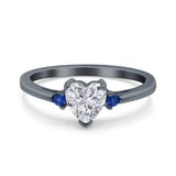 Art Deco Heart Three Stone Wedding Bridal Ring Round Blue Sapphire Simulated Cubic Zirconia 925 Sterling Silver