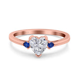 Art Deco Heart Three Stone Wedding Bridal Ring Round Blue Sapphire Simulated Cubic Zirconia 925 Sterling Silver