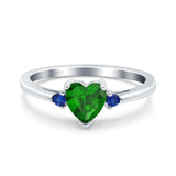 Art Deco Heart Three Stone Wedding Bridal Ring Round Blue Sapphire Simulated Cubic Zirconia 925 Sterling Silver