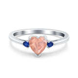 Art Deco Heart Three Stone Wedding Bridal Ring Round Blue Sapphire Simulated Cubic Zirconia 925 Sterling Silver