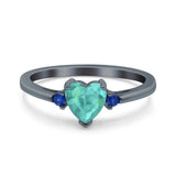 Art Deco Heart Three Stone Wedding Bridal Ring Round Blue Sapphire Simulated Cubic Zirconia 925 Sterling Silver