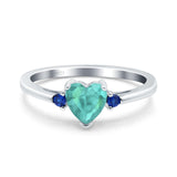 Art Deco Heart Three Stone Wedding Bridal Ring Round Blue Sapphire Simulated Cubic Zirconia 925 Sterling Silver