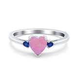 Art Deco Heart Three Stone Wedding Bridal Ring Round Blue Sapphire Simulated Cubic Zirconia 925 Sterling Silver
