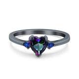 Art Deco Heart Three Stone Wedding Bridal Ring Round Blue Sapphire Simulated Cubic Zirconia 925 Sterling Silver