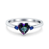 Art Deco Heart Three Stone Wedding Bridal Ring Round Blue Sapphire Simulated Cubic Zirconia 925 Sterling Silver