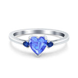 Art Deco Heart Three Stone Wedding Bridal Ring Round Blue Sapphire Simulated Cubic Zirconia 925 Sterling Silver