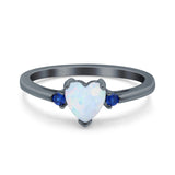 Art Deco Heart Three Stone Wedding Bridal Ring Round Blue Sapphire Simulated Cubic Zirconia 925 Sterling Silver